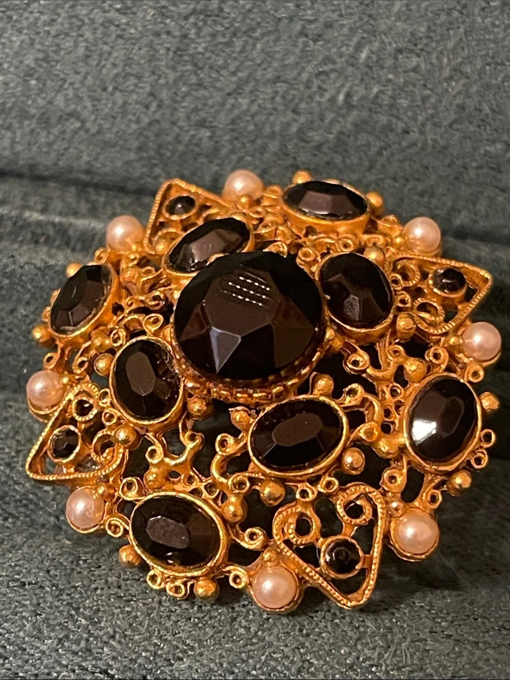 Vintage Florenza Victorian Revival Ornate Black & Faux Pearl Brooch